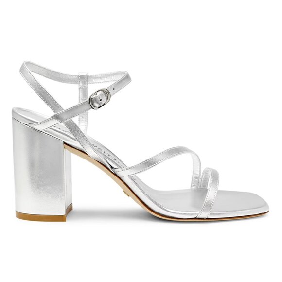 Stuart Weitzman Strappy Silver Block Heel Sandal - Picture 1 of 4